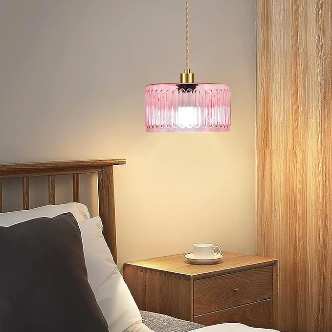 Pink Plug in Pendant Light Glass Hanging Lights with Plug in Cord Boho Hanging Lamp Gold Mid Century Modern Vintage Dimmable Flower Plug in Chandelier Ceiling Fixture for Living Room,Bedroom