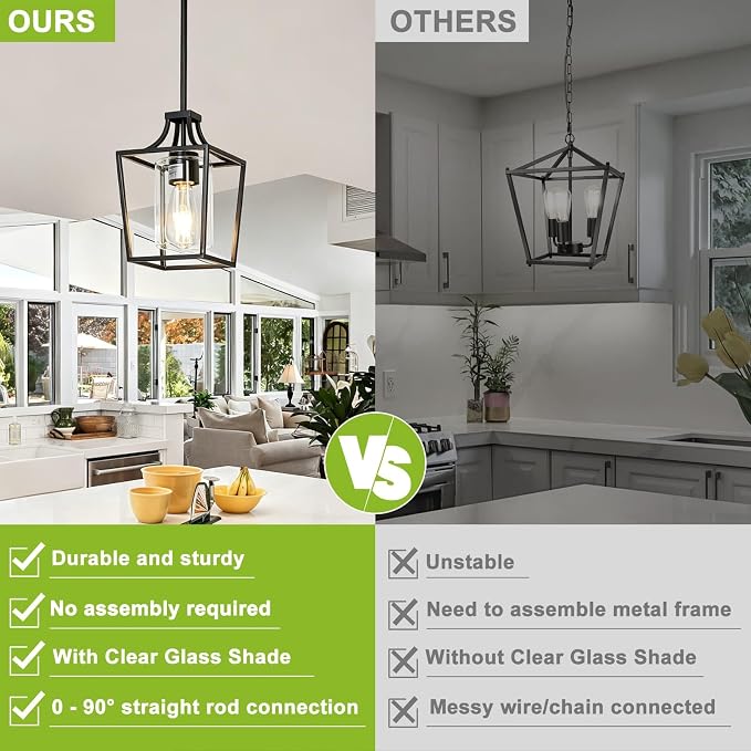 foucasal Black Farmhouse Lantern Pendant Light for Kitchen Island 6.69" | 1 Light, E26 Ceramic Socket, Clear Glass Shade, Adjustable Height Rods, Ideal for Kitchen Dining Room Foyer Hallway Entrance