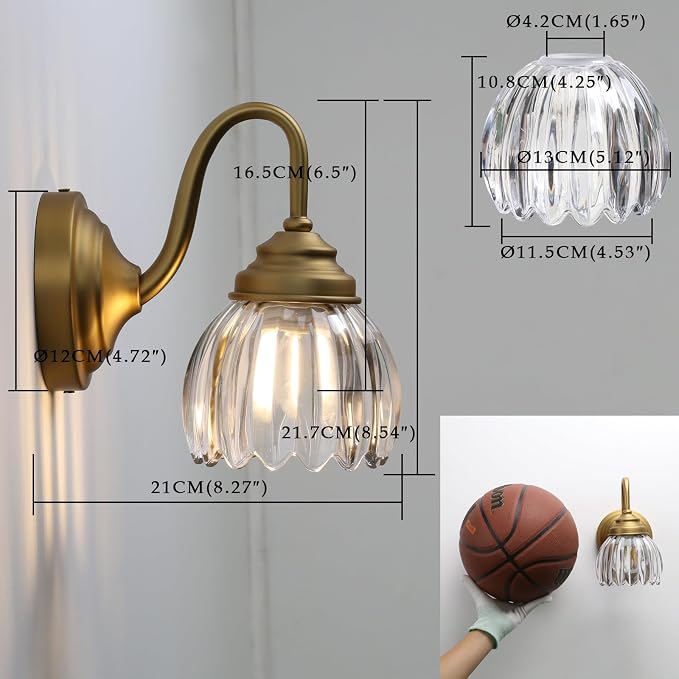 Phansthy Vintage Brass Boho Wall Sconces, Hardwired Wall Lights with Tulip Glass Lampshade, Brass Vanity Lamp Modern Wall Lighting Fixtures for Bedroom, Living Room, Hallway (Antique + Clear Shade)
