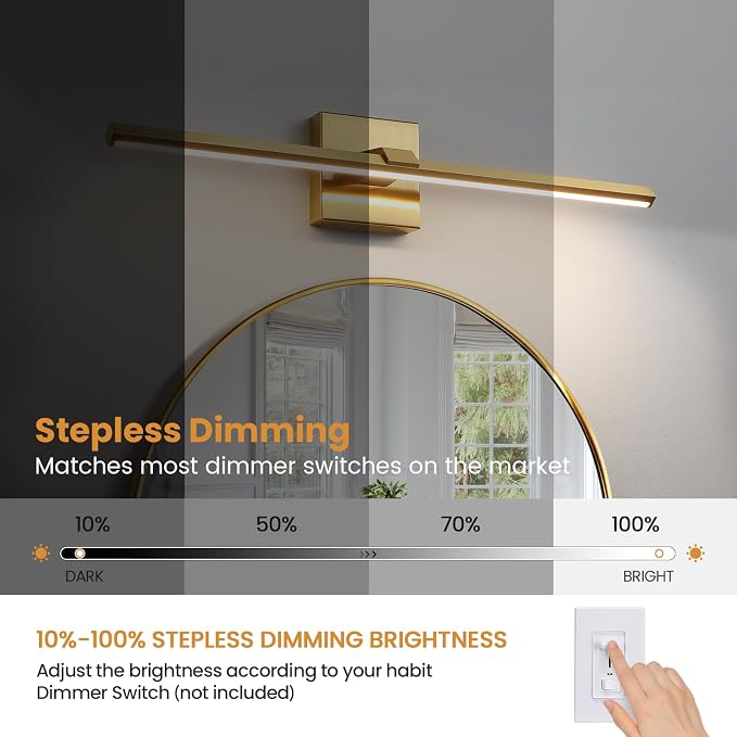 Gold LED Bathroom Vanity Light 24 Inch 18W Dimmable 5CCT Bathroom Lighting Fixtures Over Mirror Modern Brushed Gold Vanity Lights Bar for Bathroom Mirror Cabinets Bedroom