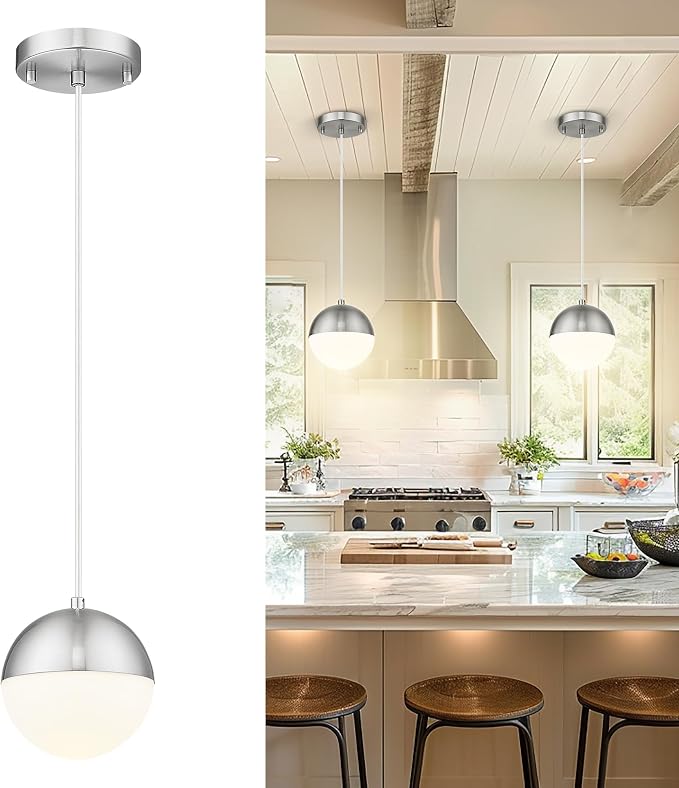 6-inch Brushed Nickel Pendant Light, Mid Century Kitchen Island Pendant Light Fixtures with White Globe Glass, Adjustable Hanging Light for Dining Room Bedroom Bathroom, LMS-186BNS