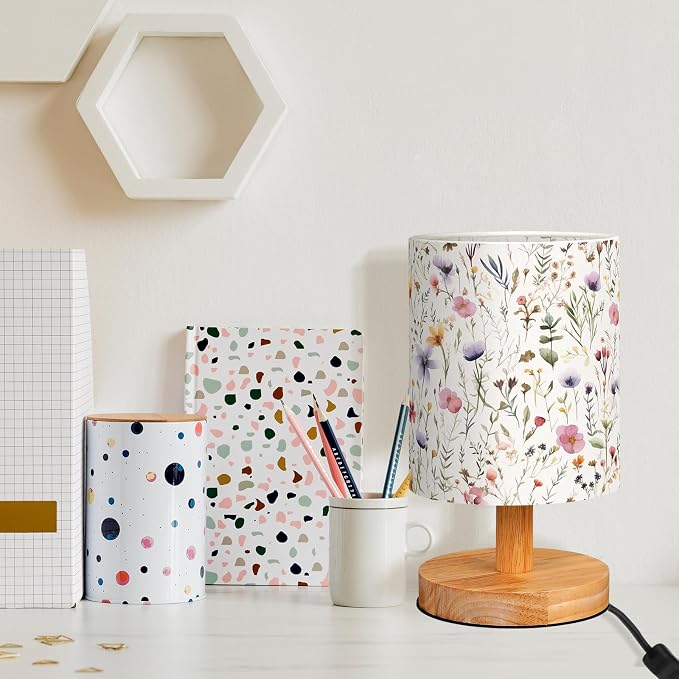 Wildflower Kids Table Lamp for Bedroom Kids Bedside Lamp with Linen Wooden Nightstand Cartoon Nursery Lampshade for Girls Boys Living Room