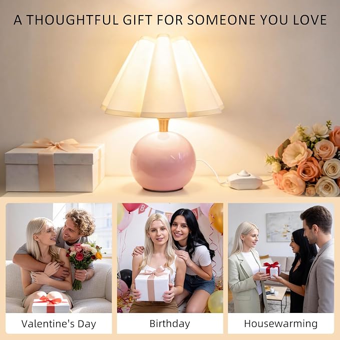Small Bedside Table Lamp, 11.8'' Ceramic Stepless Dimmable Lamp (Pink) | with scalloped fabric shade for nightstand & living room. Perfect for quiet nights to create a cozy, relaxing atmosphere