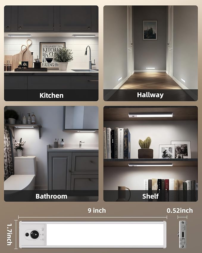 EZVALO 3-Pack Under Cabinet Lighting, 2400mAh Motion Sensor Light, LED Closet Lights Wireless, 6500K Dimmable, Timer, Magnetic, with Remote Control for Kitchen, Closet, Stair