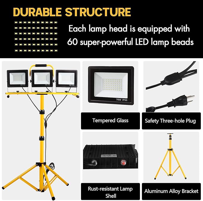 22000 Lumen Work Lights with Stand, 3 Adjustable Head LED Work Light, with Adjustable and Foldable Tripod Stand, Waterproof Lamp with Individual Switch with 6500 Kelvin Color Temperature 2Pack