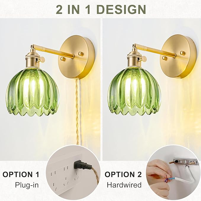 Plug in Wall Sconces Set of 2, Vintage Wall Sconce Light with Tulip Green Glass Lampshade, Bedroom Wall Sconce with Switch and Plug in wall lamp Cord, Gold Wall Light Wall Decor Set of 2