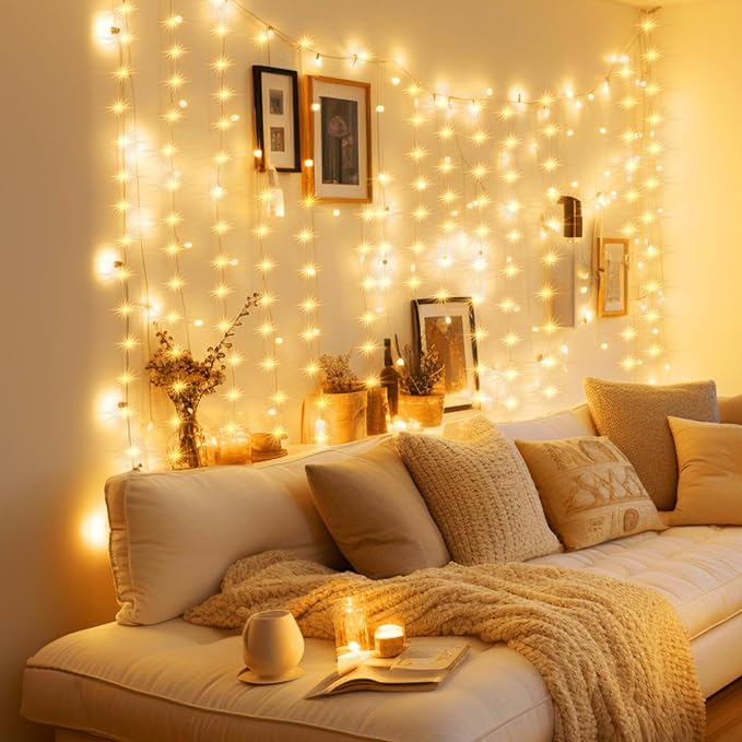 Minetom Curtain Lights, 300 LED Dimmable Fairy Lights with Remote and Timer, 8 Modes, USB Powered String Lights for Room Wall Party Xmas Indoor Decor, Warm White, 2 Pack