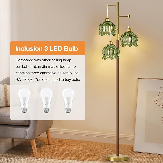 Vintage Floor Lamps for Living Room Bedroom-Wood Dimmable Floor Lamp with Glass Lampshape, Flower Modern Mid Century Standing Lamp Green Tall Tree Floor Lamp for Bedroom Corner