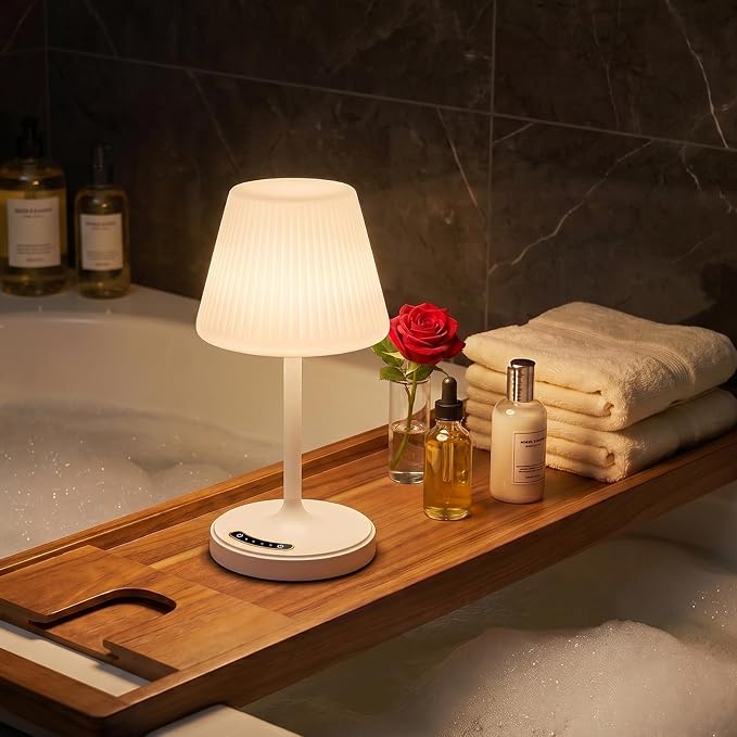 Waterproof Shower Lamp Outdoor Cordless Table Lamp, 3 Color Dimmable -White | touch dimmable, weighted base, bathroom shower light, patio dinner, RV camping, charge your phones, memory night light