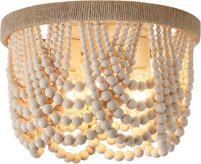 AMZASA Wood Beaded Flush Mount Ceiling Light Farmhouse Rustic Small Boho Chandelier Light Fixture for Bedroom Hallway Entryway Closet Kitchen Dining Room Living Room Nursery 3-Lights