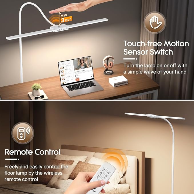 Syrinx LED Floor Lamp, 18W 2000LM Bright Reading Floor Lamp, Dual Head Gooseneck Standing Lamp, Smart Motion Sensor, Remote Control, Dimmable Brightness & Color Temp, for Living Room Bedroom Office