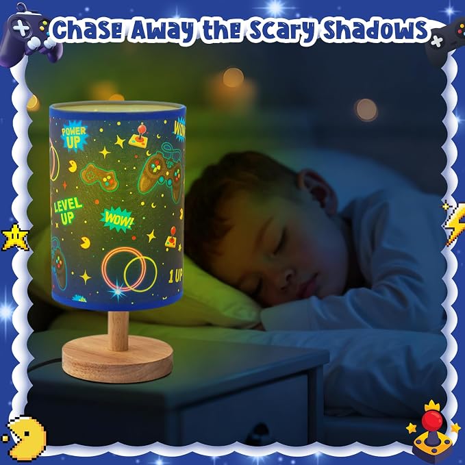 Kids Gaming Lamp for Boys Bedside Lamp with Linen Wooden Nightstand Cartoon Nursery Video Game Lampshade for Kids Gamer Decor