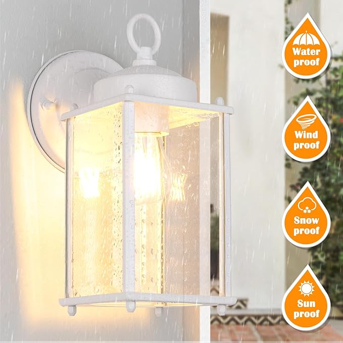Large Outdoor Wall Lantern, Exterior Waterproof Wall Sconce Light Fixtures, White Front Door Lighting with Clear Beveled Glass, Anti-Rust E26 Socket Porch Lamp, 2 Pack