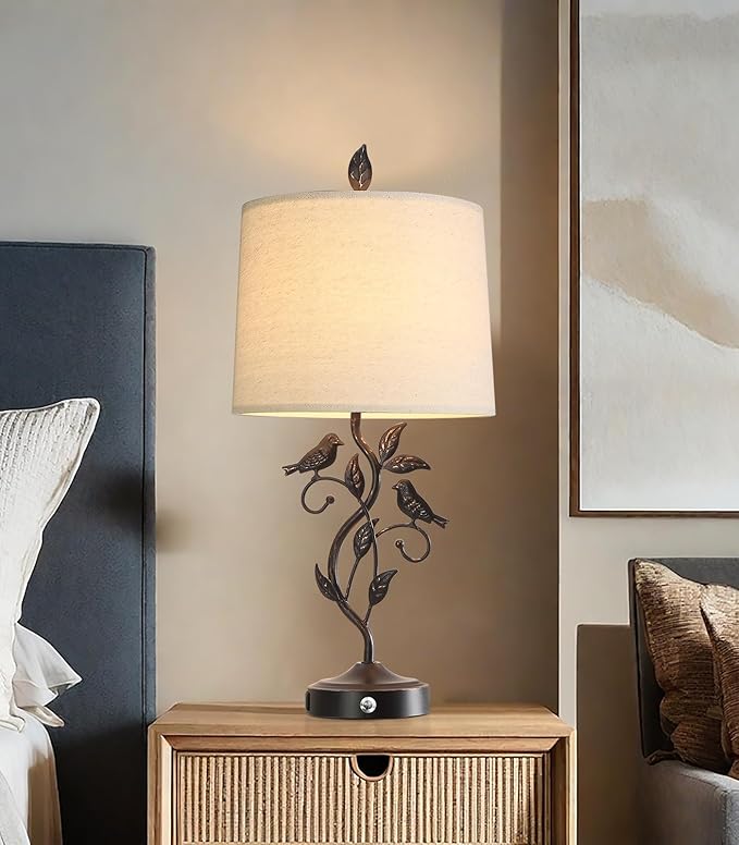 RORIANO 27" Set of 2 Touch Farmhouse Table Lamps for Living Room with 3-Way Dimmable 2 USB Ports, Vintage Rustic Iron Leaf Nightstand Lamp for Bedroom, LED Bulb Included (‎Bronze)