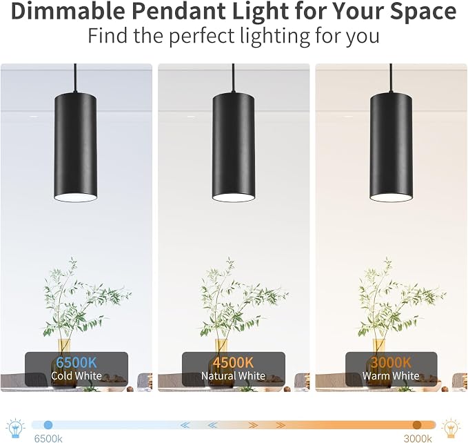 4" Pendant Lights Kitchen Island, 25W Cylinder Hanging Lights with Dipswitch, Modern Eye Care Led Pendant Lamp fixtures for Bedroom, Living Room, Office (Black, 1 Pcs)