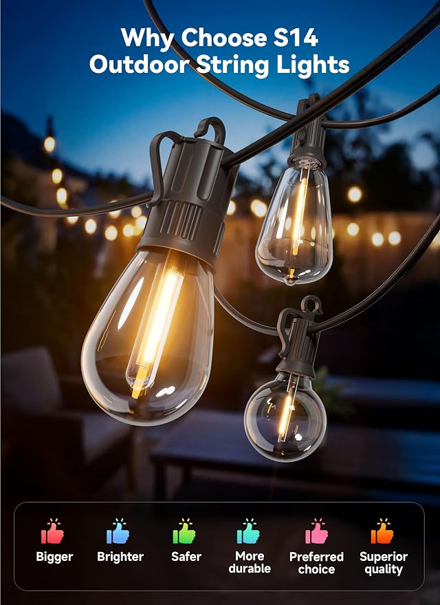 Minetom 31FT Outdoor String LED Patio Lights Waterproof,Shatterproof S14 Vintage Edison Bulbs,Commercial Grade Outside Hanging Lights Waterproof for Porch Deck Garden Backyard Balcony Cafe Bistro