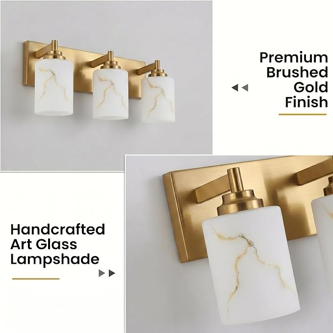 3-Light Bathroom Light Fixture, Gold Modern Vanity Light with White Marble Glass Shade, for Bathroom Mirror, Living Room, Bedroom, Hallway, E26 Base, Extended Base