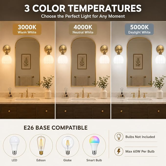 1-Light Gold Brass Bathroom Light Fixture,Wall Sconces set of 2,Brushed Gold Vanlity Light Over Mirror,Bathroom Vanity Light with White Tulip Glass Flower Shade,E26 Socket(Bulbs Not Included)