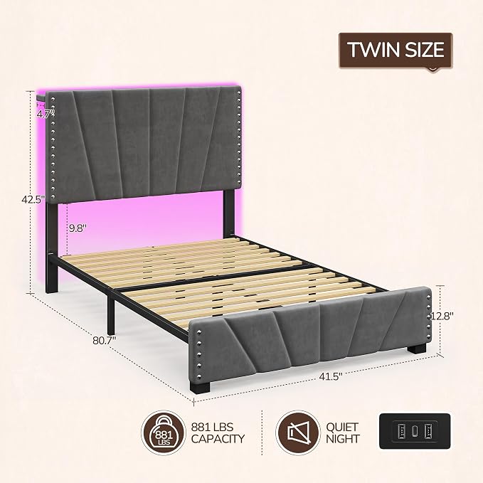 EnHomee Twin Bed Frame with LED Lights & USB, Noise-Free, Grey | Adjustable Velvet Headboard，Under-Bed Storage，Heavy Duty Support with 12 Slats，No Box Spring Needed，Easy Assembly for Bedroom