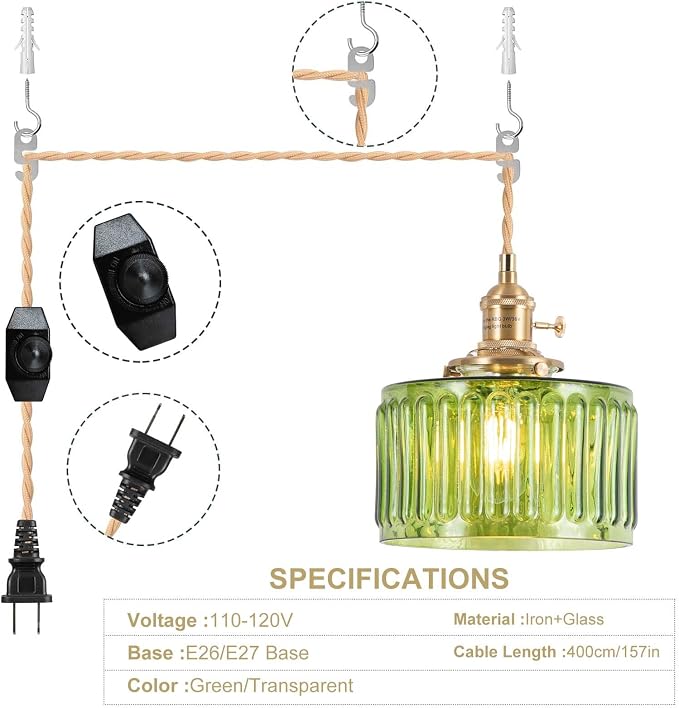 Pendant Light Fixtures,Plug in Hanging Light Fixture Green Glass 6.6in Pendant Light,E26 Pendant Lighting for Kitchen Island, Bedroom, Dining Room, Living Room