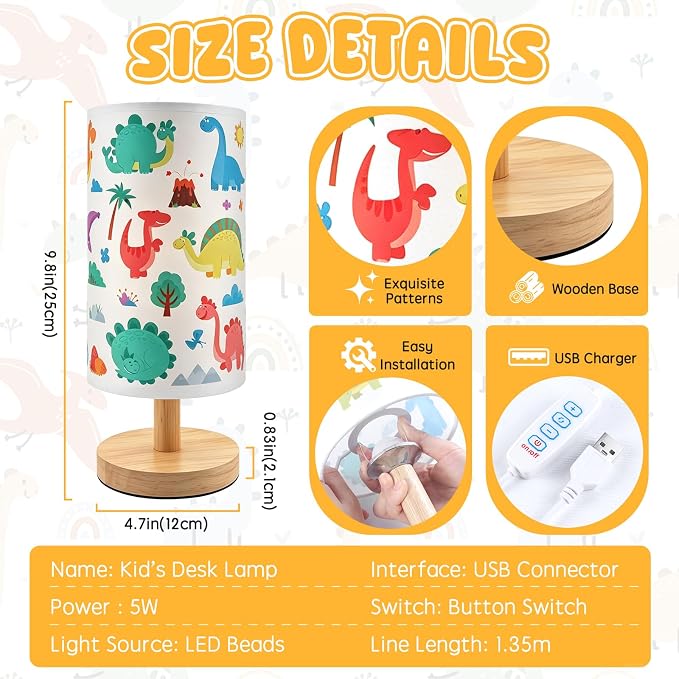 Dinosaur Lamp for Kids Bedroom, 3-Way Dimmable Table Lamp with Wooden Base and Fabric Shade, Cute Dino Room Decor for Boys Girls, Nursery Bedside Night Light, Dinosaur Gifts for Kids