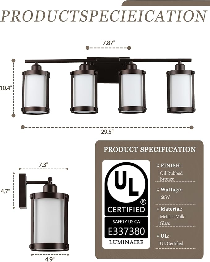 4-Light Oil Rubbed Bronze Bathroom Light Fixtures Over Mirror with Frosted Milk Glass and Metal Cage Shade, 29" UL-Listed Modern Farmhouse Wall Sconce for Bath, Hardwire E26, OS-3014ORBW-4W