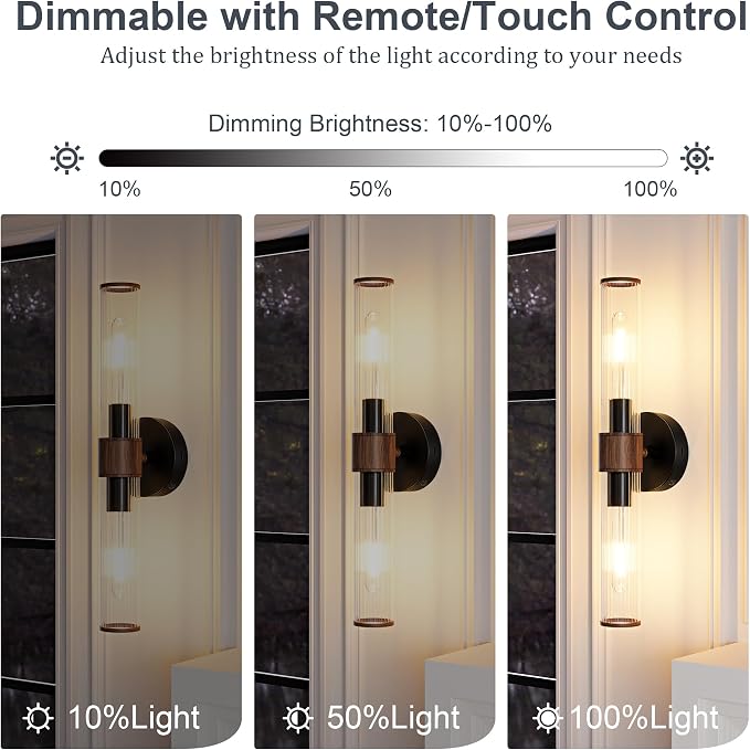 Morauroral Black Walnut Battery Operated Wall Sconces Set of 2, Rechargeable Wall Lights with Remote, 20 Inch Modern Wireless Wall Lamp for Bedroom, Living Room with White Shade (Bulbs Included)