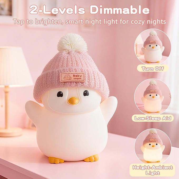 FAMIDUO Penguin Night Light for Kids,Pink Penguin Lamp with Knit Hat | Squishy Silicone,Rechargeable Dimmable Timer LED Bedside Lamp,Cute Animal Nightlight for Nursery,Gift for Boys Girls Toddlers