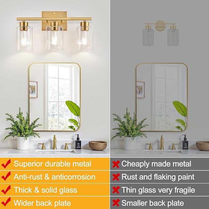 3-Light Brushed Gold Bathroom Vanity Light, Modern Bathroom Light Fixture with Clear Glass Shades, Wall Sconce for Mirror, Kitchen, Bedroom, Living Room, Hallway