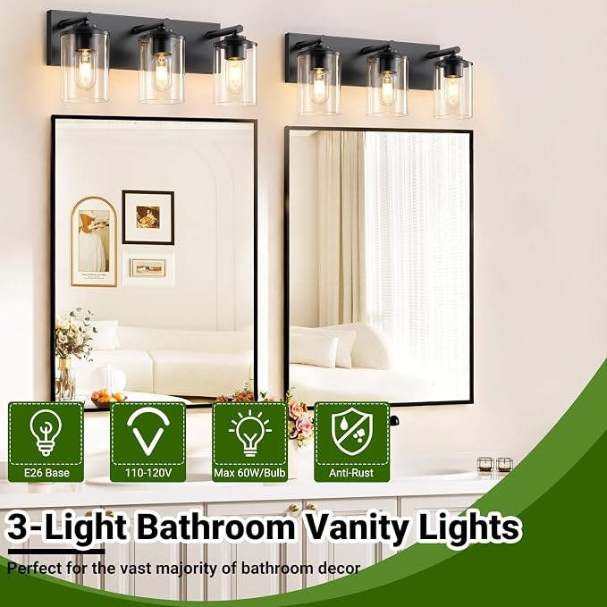 3-Light Bathroom Light Fixtures, Matte Black Bathroom Vanity Lighting Over Mirror with Clear Glass Shades, Modern Vanity Lights for Bath Wall Sconces Lamp for Powder Room, Bedroom, Hallway