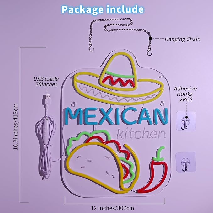 Mexican Taco Bar Neon Sign - LED Restaurant Decor for Mexican Kitchen, Taco Party Decorations, 16.5x12" USB Wall Light - Mexican Food Gifts for Restaurants & Homes