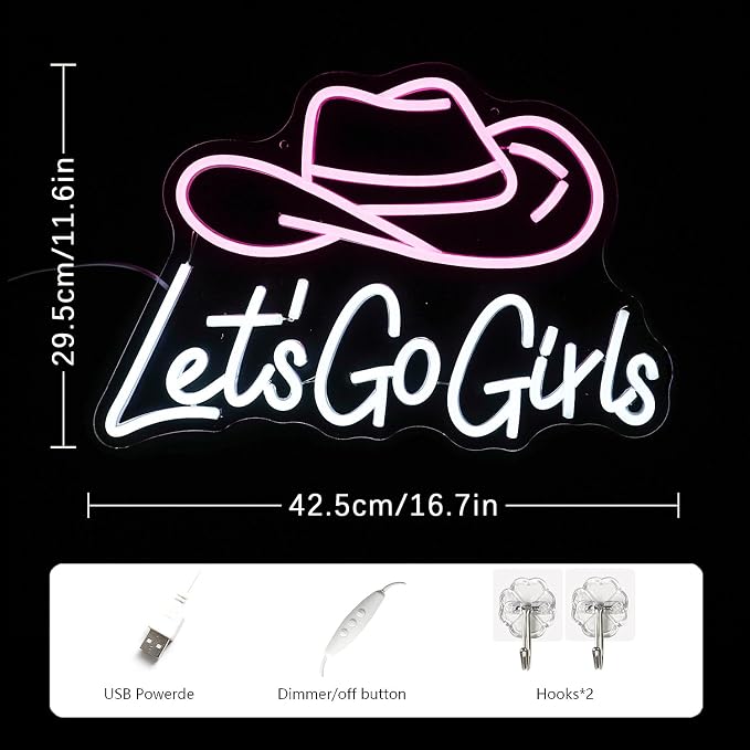 Let's Go Girls Neon Sign Pink White Cowboy Hat Neon Signs Letter Led Light up Cowboy Hat Neon Sign for Wall Decor Dimmable USB Powered for Cowboy Bar Bedroom, Livingroom Christmas Birthday