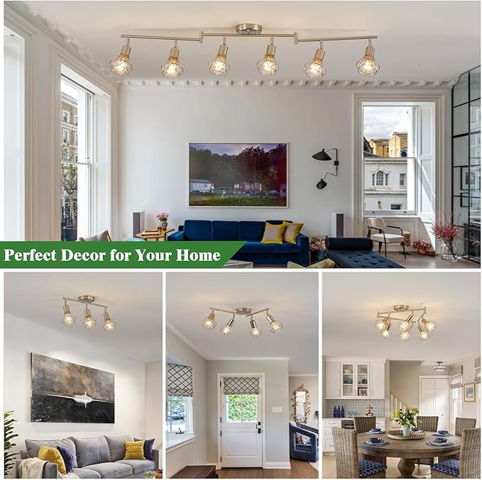 4-Light Track Light Brushed Nickel Adjustable Kitchen Track Lighting Multi-Directional Cage Flush Mount Ceiling Light with E26 Base Farmhouse Close to Ceiling Lamp for Dining Room Hallway