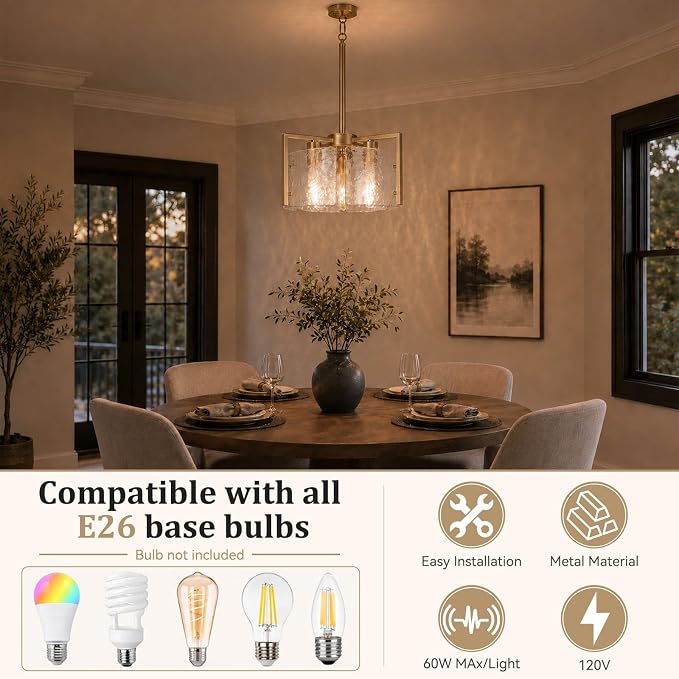 14.2 Inch Gold Chandeliers for Dining Room, Adjustable Height | 3-Light Vintage Entryway Light Fixture, Glass Pendant Lights for Kitchen Island Foyer Bedroom Bathroom