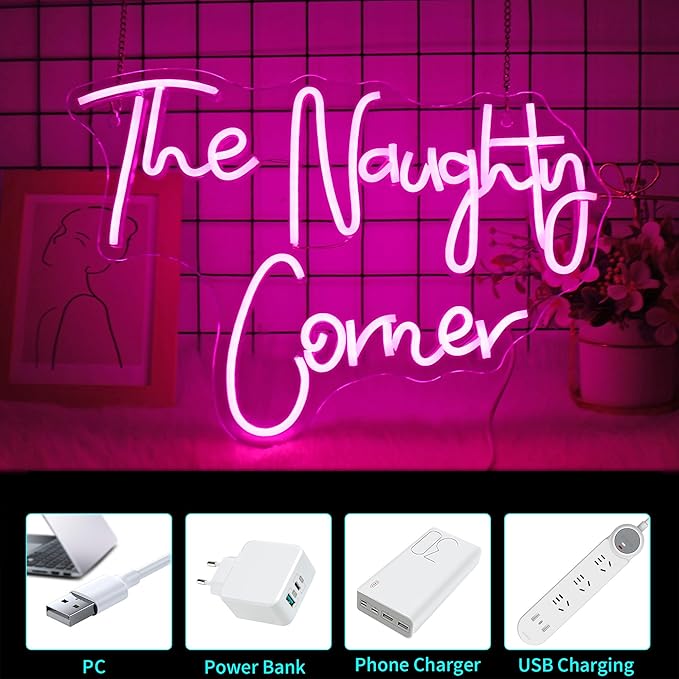 Neon Sign, JGHTURIE The Naughty Corner Neon Signs for Wall Decor, Pink LED Light Up Sign for Room Party Office Business Bar Signs for Man Cave Decor, USB Powered