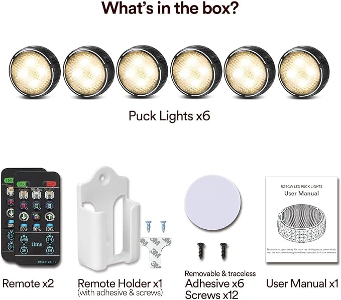 LED Puck Lights with Remote Battery Operated Under Cabinet Lighting Wireless Stick on Lights Color Changing Timer Tap Lights for Cabinets Shelves Closets Display Case - 6Pack Black