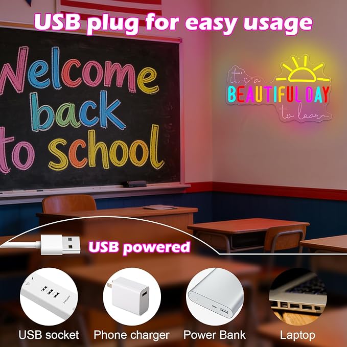 It's A Beautiful Day to Learn Neon Sign Classroom Neon Light for Library USB Powered Reading LED Signs for Classroom Reading Corner Colorful Study Noen Wall Art for Kids Teacher Beautiful Day Gifts for Back to School
