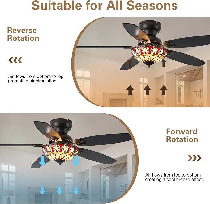 Tiffany Ceiling Fans with Lights-48"Ceiling Fan Chandelier and Glass Shade | 48" Ceiling Fan Chandelier with 5 Dual-Blades and Glass Shade, 6 Speeds and Reversible, Indoor and Outdoor, Retro Style