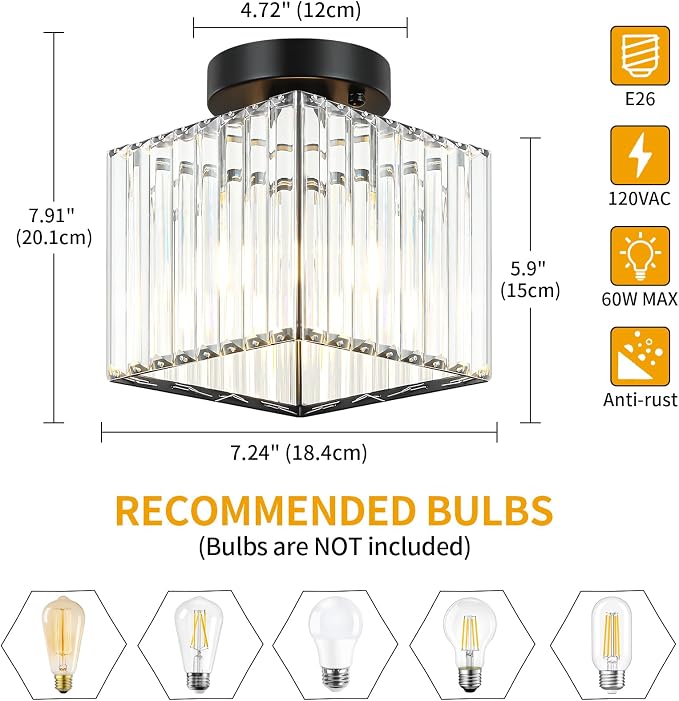 Modern Black Ceiling Light Fixture Crystal Hallway Entryway Light Fixtures | 2-Pack, 7.24 Inch, E26 Dimmable, Bathroom Bedroom Ceiling Light, Kitchen Dining Room Closet Close to Ceiling Light Fixtures