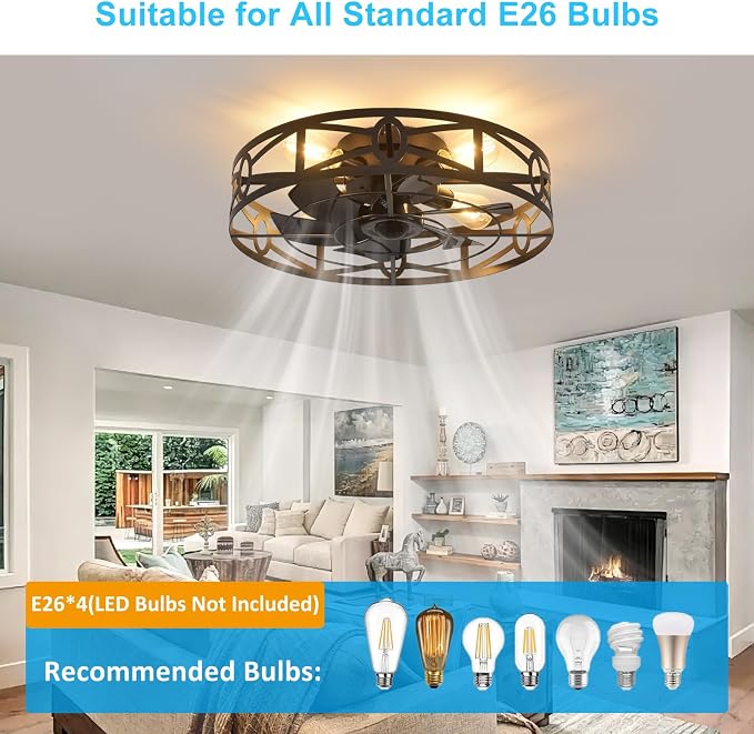 Depuley Flush Mount Ceiling Fan: 20" Caged Ceiling Fans with Remote Control for Patio Kitchen Bedroom - Low Profile Fandelier Lights Fixture Reversible 6 Speed Timer Black 4*E26 Bulb Not Included