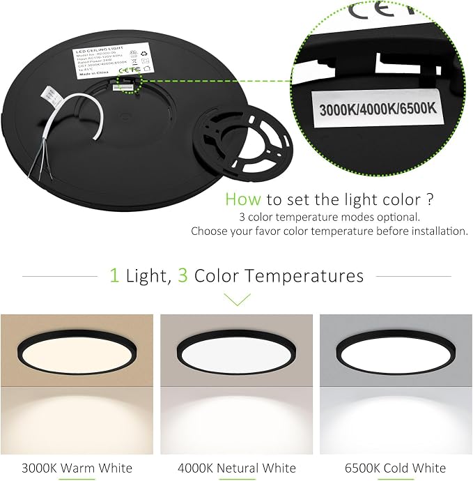 4PACK LED Flush Mount Ceiling Light, Super Slim 15 Inch 3000LM Ceiling Lights, 3000k/4000k/6500k Ceiling Light Fixture for Bedroom, Living Room, Dining Room, Kitchen, Wired, Black