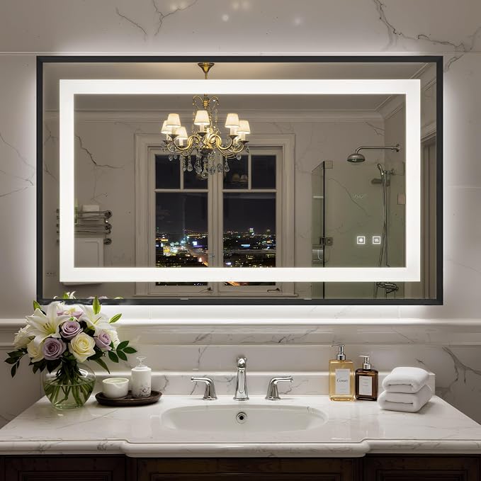 40X24 Inch Frontlit+ Backlit LED Bathroom Mirror with Lights Black | Bathroom Vanity Mirror for Wall, Ultra-Clear Tempered Glass, Shatter-Proof, Anti-Fog and Memory Function, ETL Listed