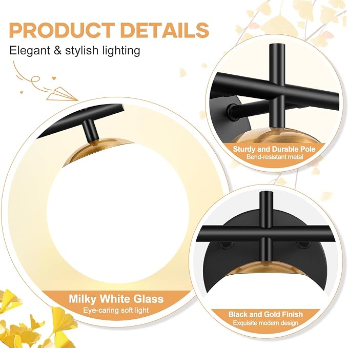 3-Light Bathroom Light Fixtures, Black and Gold Vanity Lights for Bathroom with Milky White Glass Shade, 18.9 inch Bathroom Lighting Fixtures Over Mirror, Compatible with G9 Bulbs (Bulb Not Included)