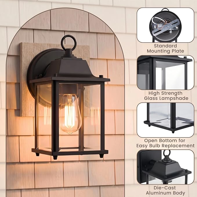Outdoor Light Fixture, Classic Die-Cast Aluminum & Tempered Glass Porch Light for House, E26 Base (60W Max) Waterproof Wall Lantern for Front Door Garage Garden, ETL Qualified, Black, 1 Pack