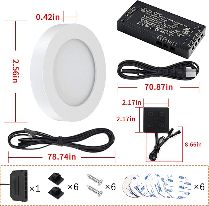 VST Under Cabinet Lights CCT 3000K-6000K, Puck Lights Color Temperature and Brightness Adjustable with Touch Switch and ETL Listed Led Driver, Plug in Led Light for Kitchen Under Cabinet Wardrobe