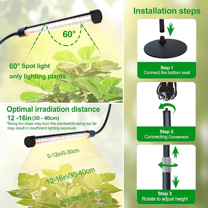 5Head Desk Grow Lights for Indoor Plant, Seed Starting, Bonsai, Full Spectrum Plant Grow Lamp, 4/8/12/16/20H Timer, 45 Watt Power Draw, NO Need Adapter, Adjustable Height(16"-24")