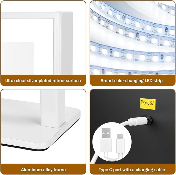 Vanity Mirror with Lights 14.5"x16.5", LED Makeup Mirror, 3 Color Lighting Modes, 10X Magnification, Smart Touch Control, Dimmable, Aluminum Metal Frame, Lighted Up for Vanity Desk (White)