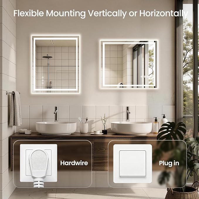 30x36 LED Bathroom Mirror with Anti-Fog, Backlit & Front Lights, Memory | Dimmable 3 Color CRI 95+ Shatterproof Tempered Glass ETL Listed for Safety Lighted Bathroom Vanity Mirror for Wall