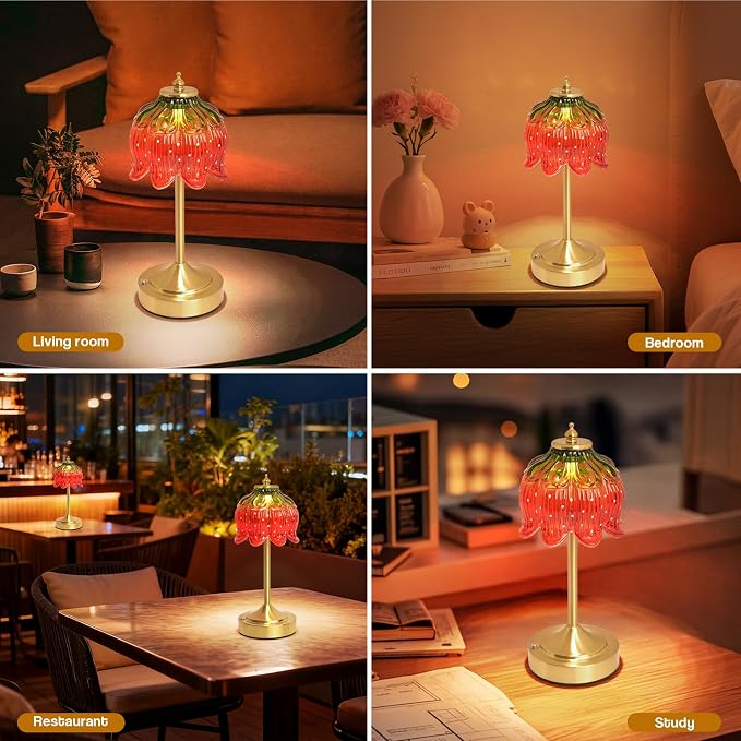 Cordless Table Lamp, Rechargeable Strawberry Glass Flower Lamp | 5200mAh touch lamp with 3 color modes and stepless dimming, battery operated lamp for nightstands and kitchen counters
