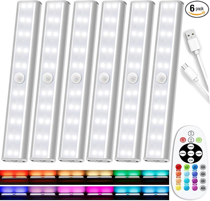SZOKLED Under Cabinet Lighting Rechargeable 48-LED Wireless Under Cabinet Lights Remote, Kitchen Counter Lights Closet Lights RGB Perfect for Indoor Pantry Display Shelf 15 Color Changing(6 Packs)